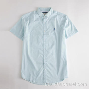 Camisa azul masculina de manga curta 100% algodão popeline